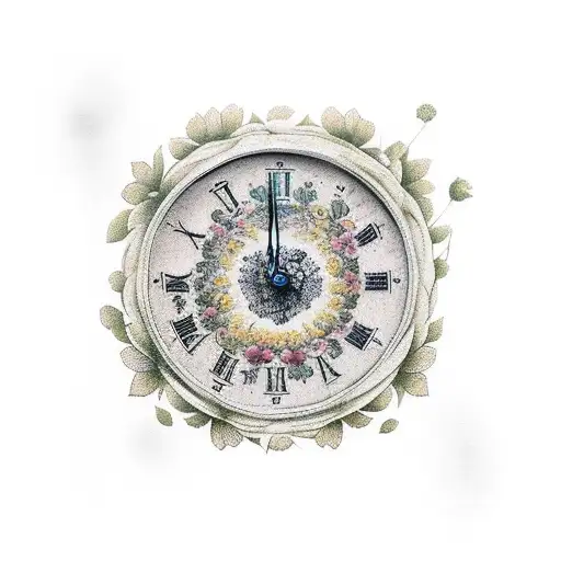 Roman Numeral Clock With Marigold Flowers Around It