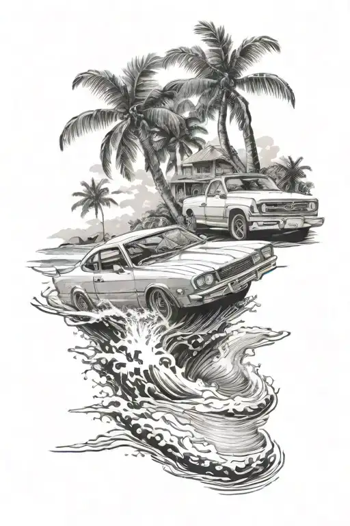 Realistic Depiction Of A Car Drifting On A Tropical Island Beach