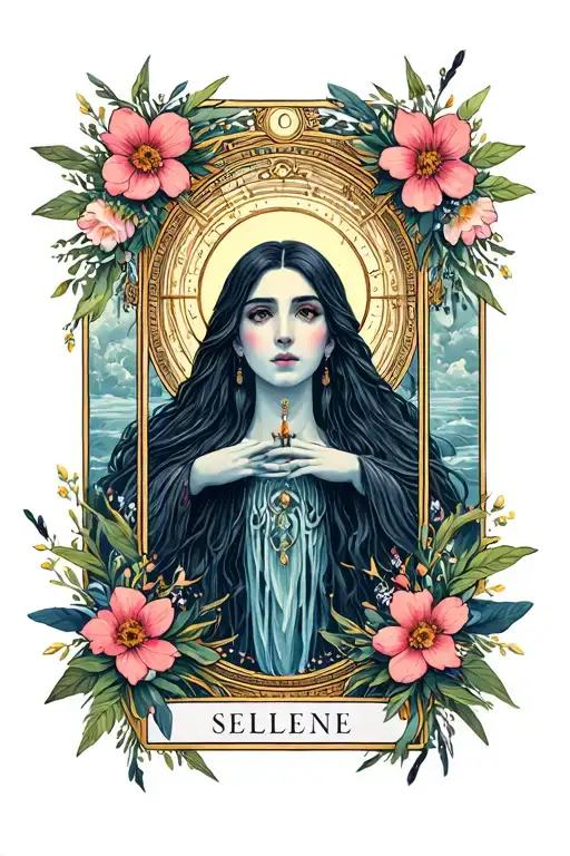 Selene Goddess In Tarot Card With Floral Frame
