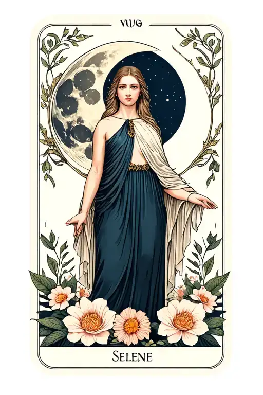 Selene Goddess Of The Moon In Tarot Card With Floral Frame