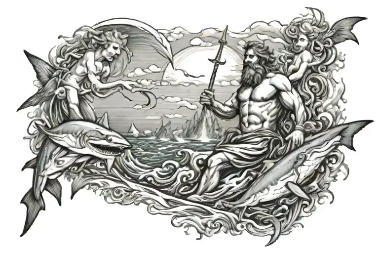 Poseidon In The Sea With Sharks And Two Angels In The Sky With A Background In The Sky