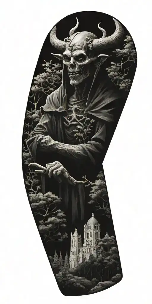 A Satanic Creature In An Catholic Artstyle In A Landscape With A Forrest