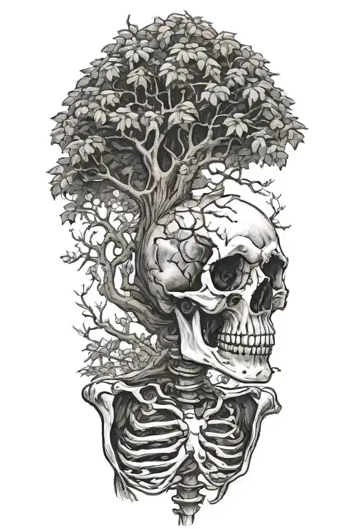 A Skeleton Leaning His Head On A Tree Growing