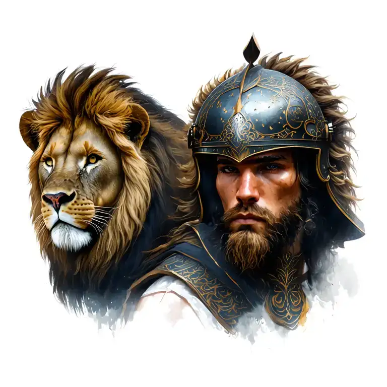 Warrior Wearing Helmet With Lion Next To It