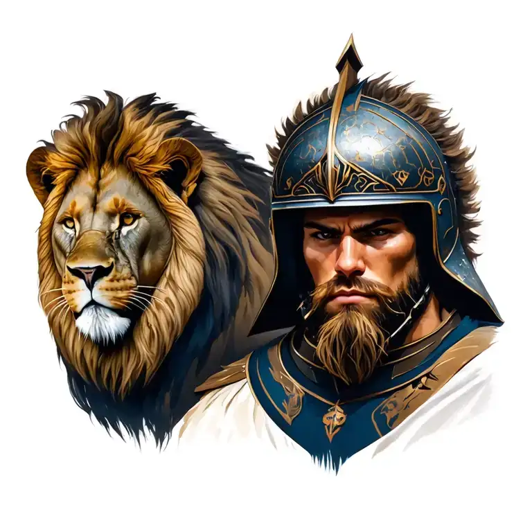 Warrior Wearing Helmet With Lion Next To It