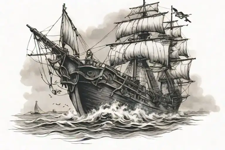 A Black And Gray Portrait Of An Old Pirate Ship
