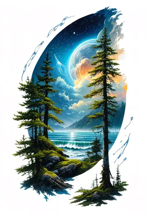 Forest Lanscape With The Sky Transitioning Into Space And The Ocean