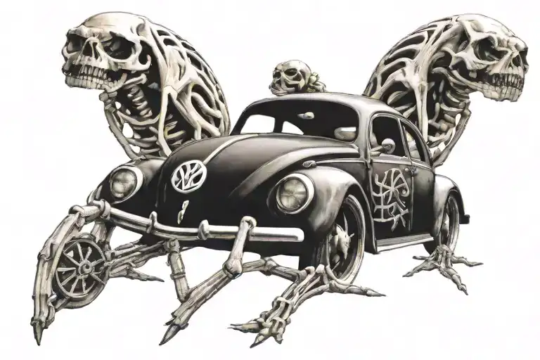 A Volkswagon Slug Bug Being Drivin By A Skeleton