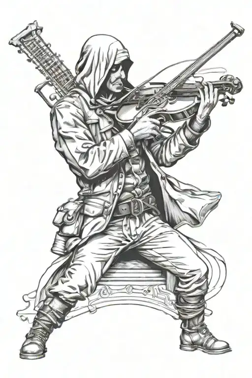 A Realistic Portrait Of An Assassin Playing A Musical Instrument