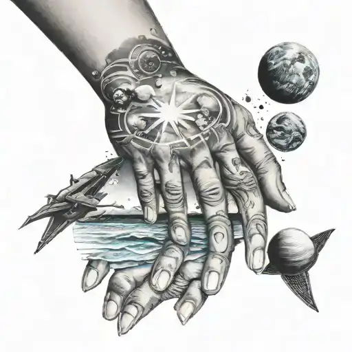 Prayer Hands At Top Of Sleeve With The Beach And Planets In The Sky