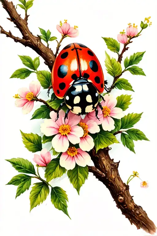 Ladybug On A Tree Branch With Flowers And Leafs Growing