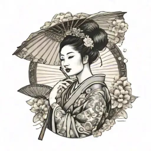 Beautiful Japanese Geisha Holding Sun Fan
