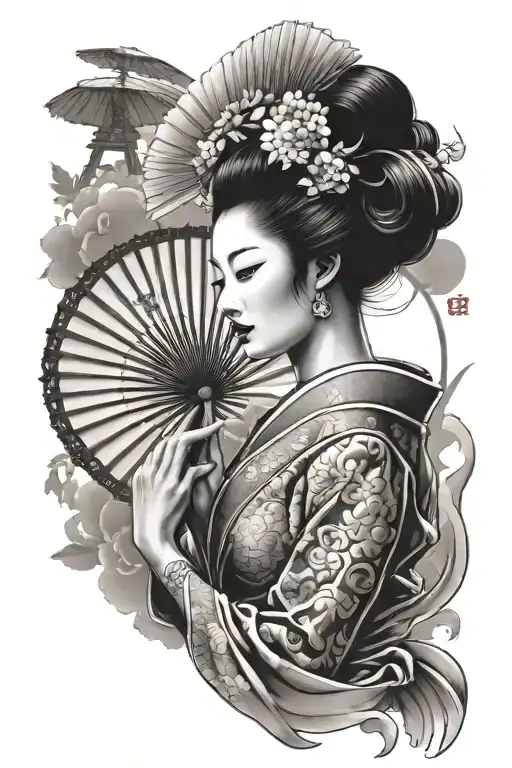 Beautiful Japanese Geisha Holding Sun Fan