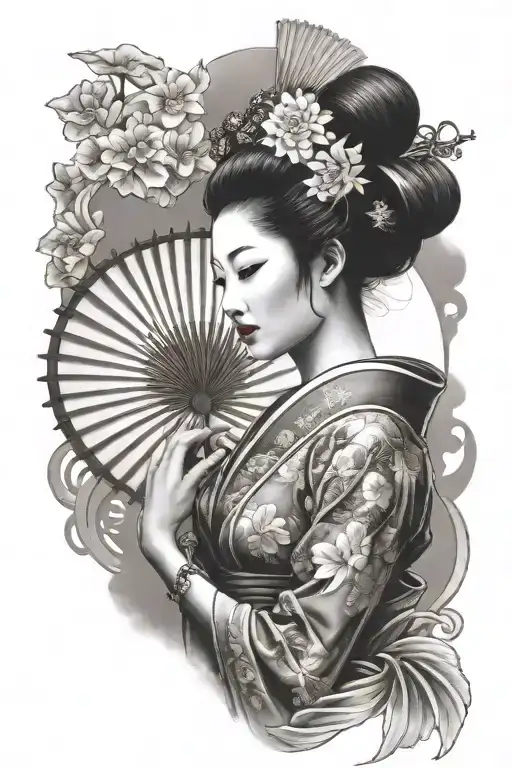 Beautiful Japanese Geisha Holding Sun Fan