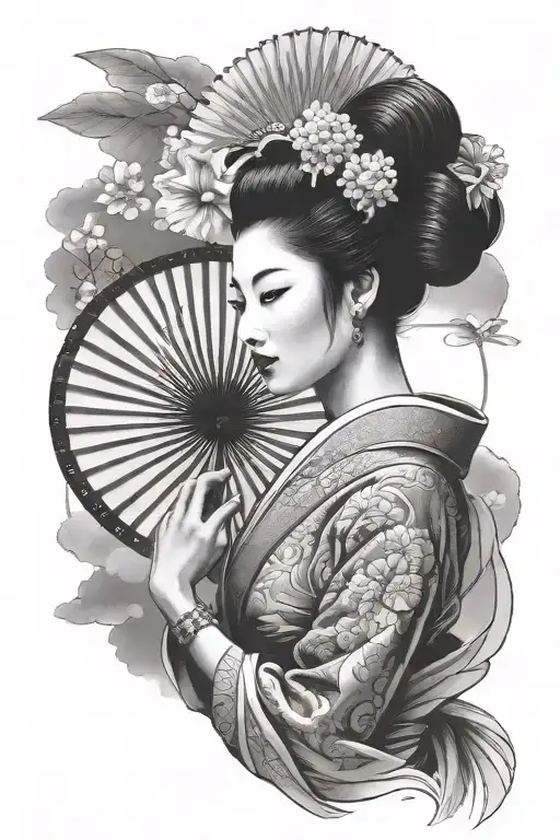 Beautiful Japanese Geisha Holding Sun Fan