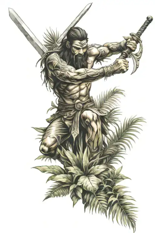 A Fierce Warrior Holding A Sword In A Lush Jungle Setting