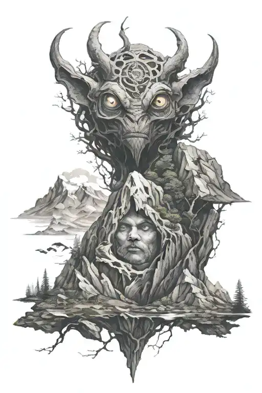 A Mystical Three-eyed Creature Blending Into A Mountain Landscape