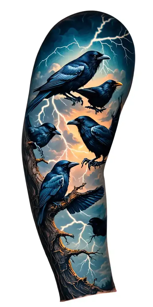 4 Crows With Trees And Cloudy Lightning Storm