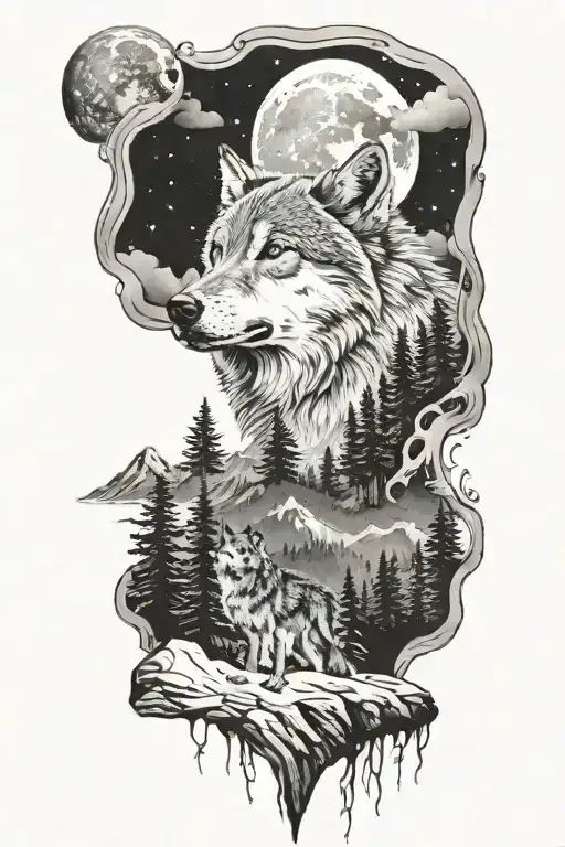 Mountains Forests And A Wolf Howling At The Moon