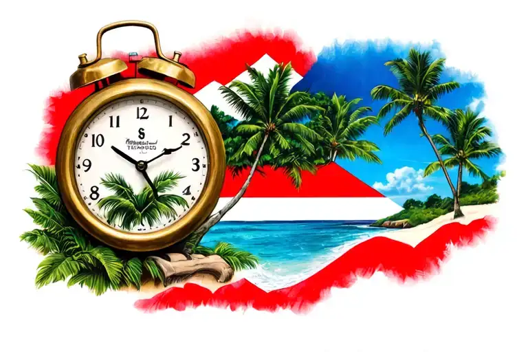 A Clock Pointing To 6 O'clock With Trinidad And Tobago Island