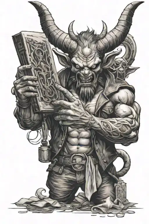 A Tattoo Design Of A Demon Holding A Gun In One Hand And A Book In The Other
