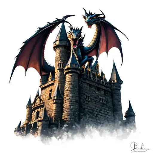 A Dragon Perched On Top Of A Majestic Castle Tower