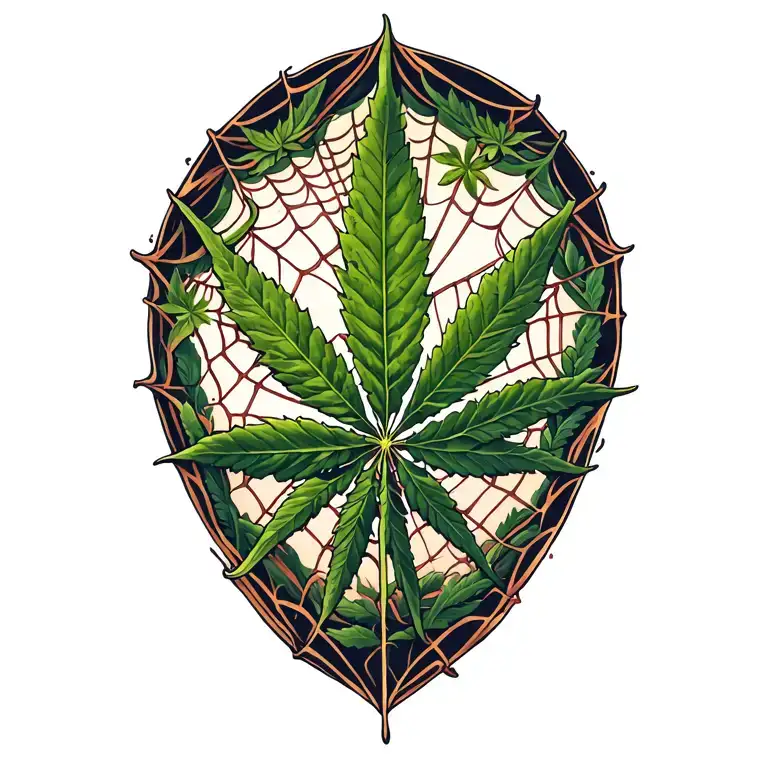Hemp Leaf And Spider Webs Surrounding