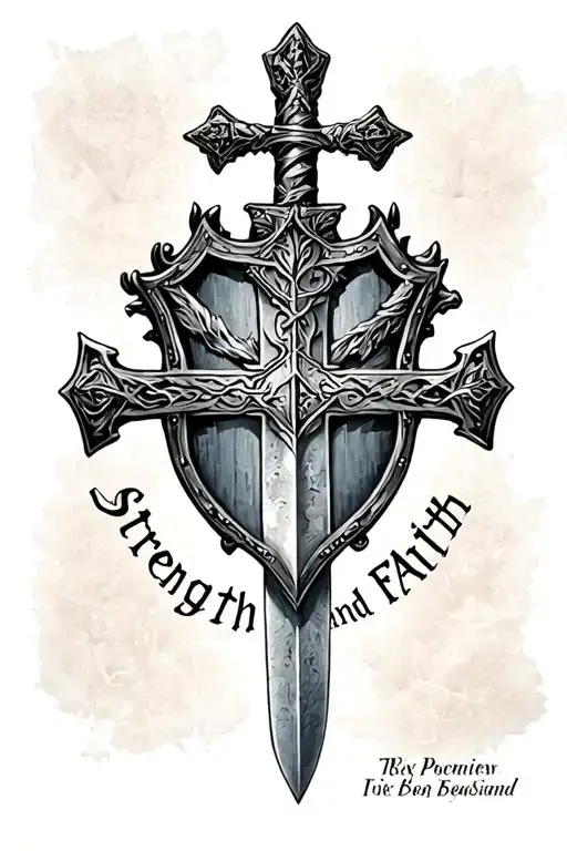 Sword In Shape Of Cross With A Shield And The Words Strength And Faith