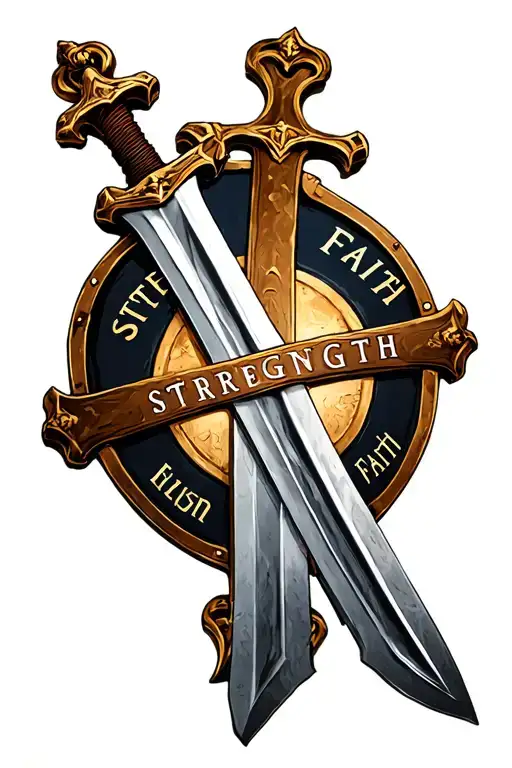 Sword In Shape Of Cross With A Shield And The Words Strength Faith On The Swords
