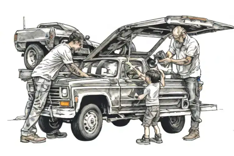 Son Helping His Father Change The Oil On Truck