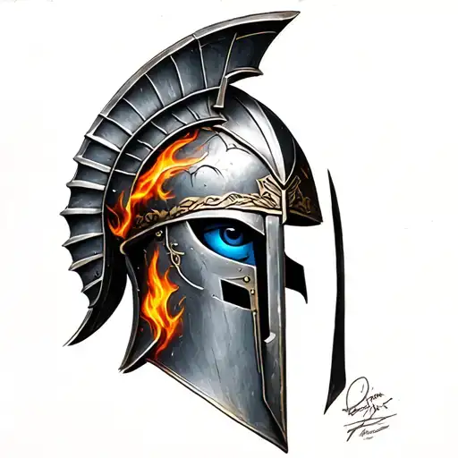 Spartan Helmet With A Flame Eye And A Blue Eye