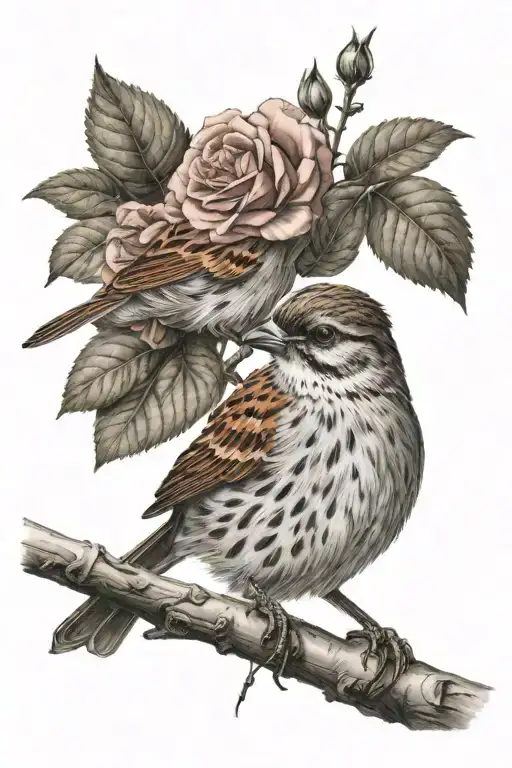 Sparrow Perched On Branch In Rose Bush Long