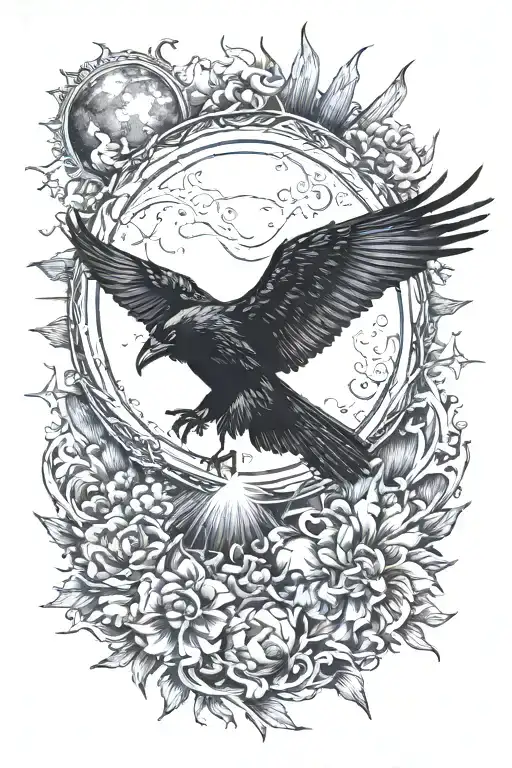 Crow Flying Towards The Sun Moon