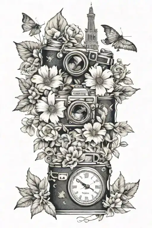 Travel Themed Tattoo With Flowers