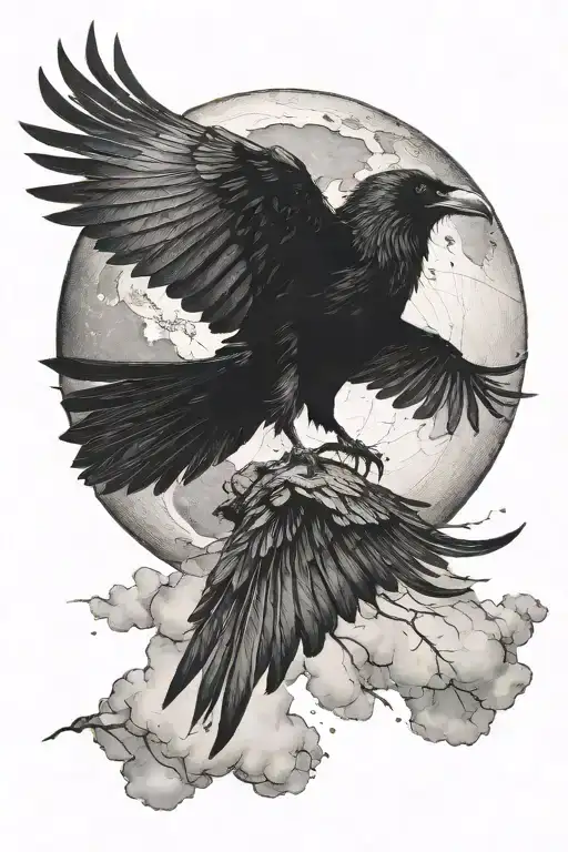 Raven Flies Against The Background Of The Moon