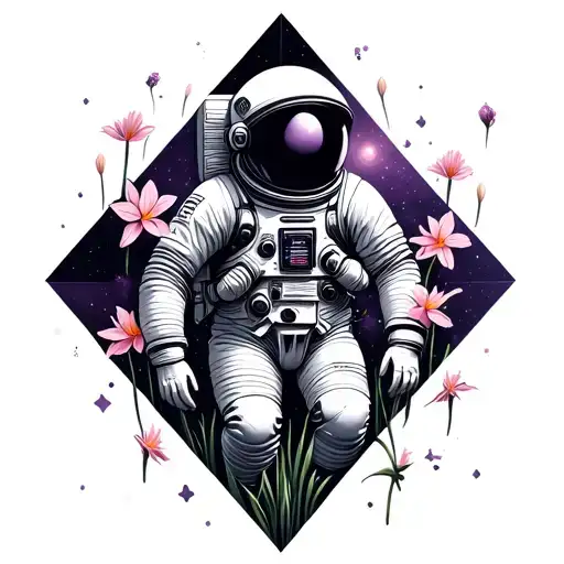 Cosmonaut Reaching In Space With Geometric Shapes With Purple Cosmos And Pink Daffodils