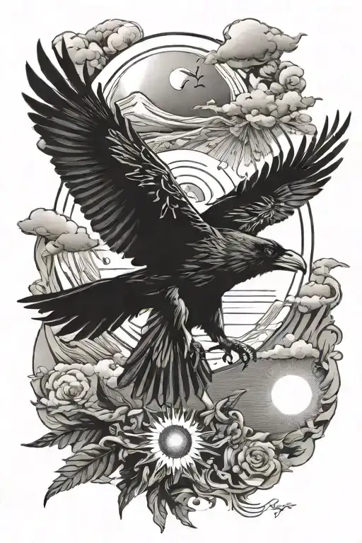 Raven Flies Against The Background Of The Sun Rising