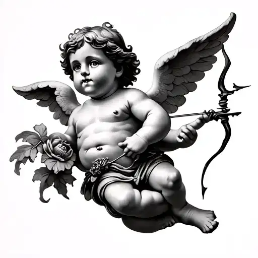 Chubby Cherub With Cute Face Flying To The Side Holding A Bow And Arrow