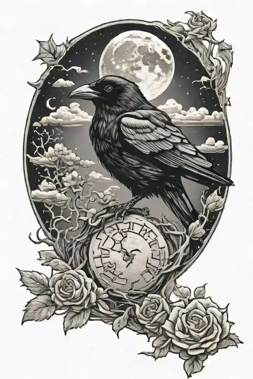 Raven Flies Against The Background Of The Moon Surrounded