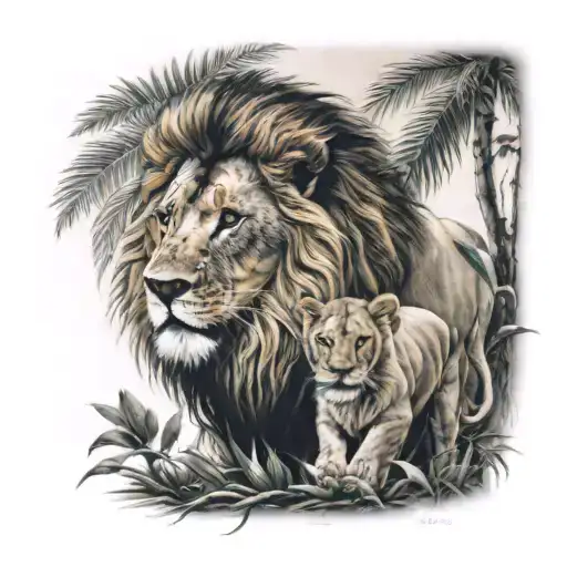 Lion Together With His Little Lion With A Jungle Background