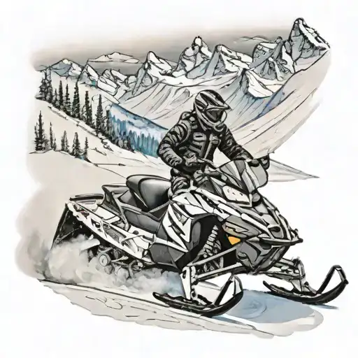 Snowmobiling In The Backcountry With Snow-covered Mountains In The Background