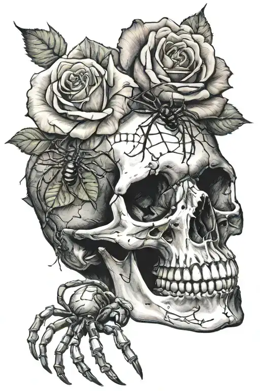 Skull Hand With Rose And Spider