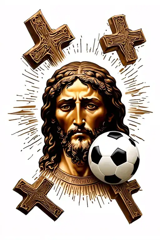 Jesus Face With Three Crosses At The Bottom And A Soccer
