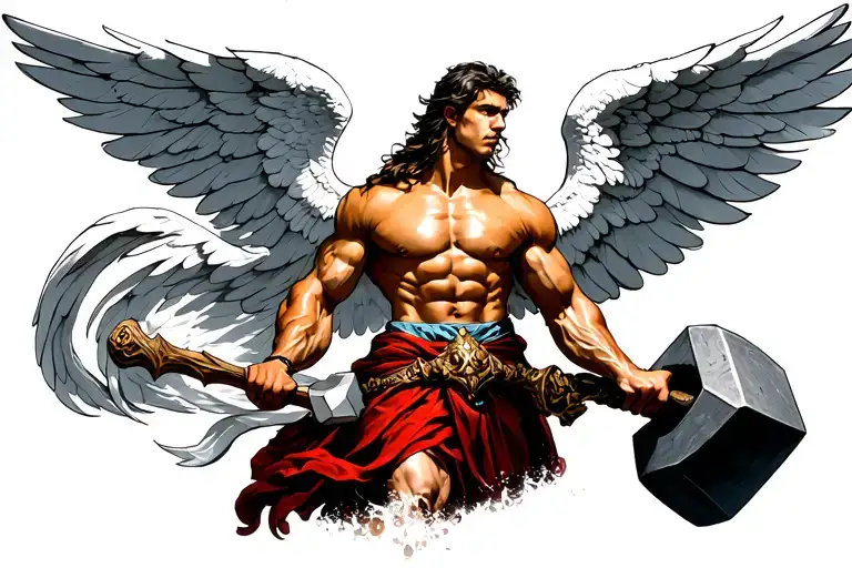 Proud Muscular Angel With Big Wings And Huge Hammer