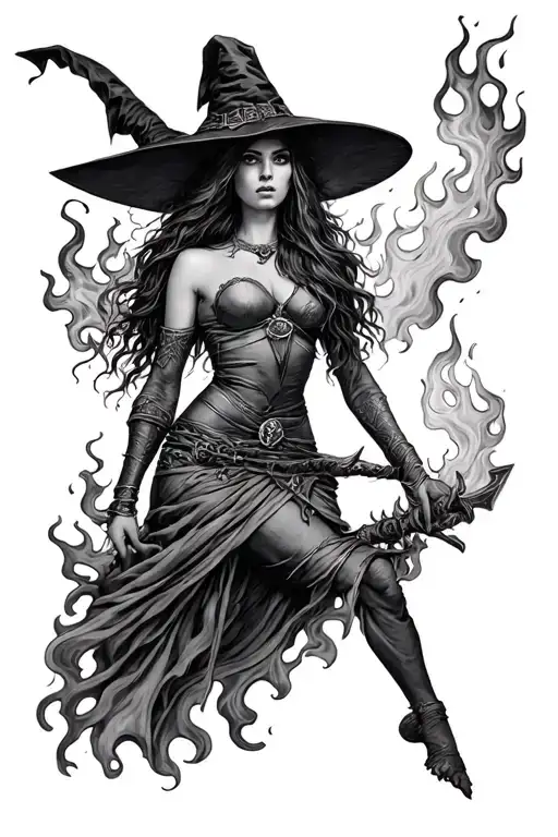 Medieval Sexy Witch In Long Legs Burn In Flame
