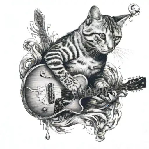 A Realistic Portrait Of A Cat Playing A Guitar Underwater
