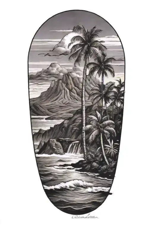 Hawaii's Shoreline With Mountains With Prominent Palm Tree