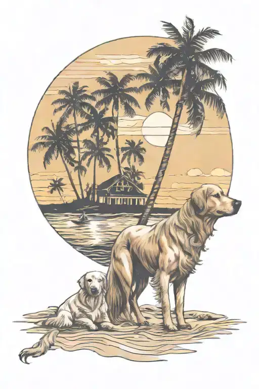 Horse And Golden Retriever On The Beach With Palm Trees And A Sunset