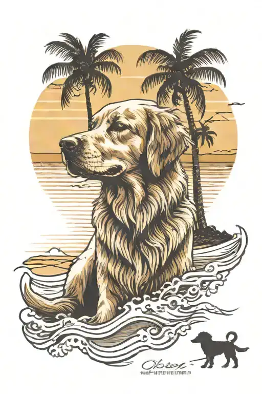 Golden Retriever On The Beach With Palm Trees And A Sunset With The State Of Florida