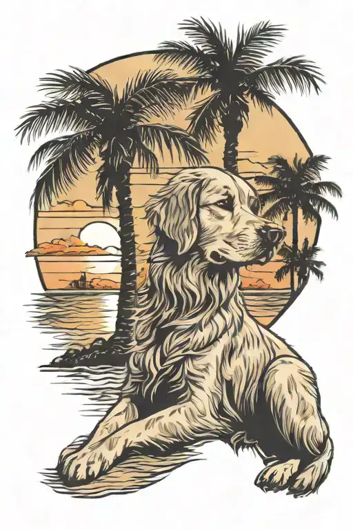 Golden Retriever On The Beach With Palm Trees And A Sunset In The State Of Florida